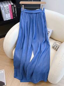 SHEIN LUNE Plus Size Casual Solid Color Wide Leg Pants - Blue - View 2