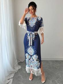 Chiquease Round Neck Side Slit Hem Printed Long Dress For Women - Blue - View 5