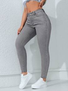 Flexra Quần Jeans Skinny Cài Nút Màu Trơn Thường Ngày Cho Nữ - Xám - Xem 5