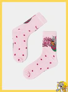 TOM & JERRY X SHEIN 1 Pair Cute Happy Easter Polka Dot Pattern Crew Socks - Pink - View 3