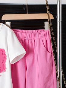 SHEIN Conjunto de 2 piezas para niñas: Camiseta de manga corta de unicolor y pantalones vaqueros estampados con mariposas y decoración de moño 3D, lindo y casual para verano, al aire libre y vacaciones para adolescentes