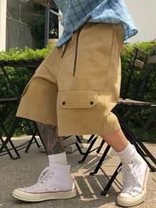 Manfinity Homme Manfinity Streetrush 男式宽松休闲直筒拼接设计及膝工装短裤，超大码，夏季，垃圾摇滚风