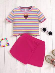 SHEIN Young Girl Daily Sweet And Cool Striped Round Neck Short-Sleeved Top And Skirt