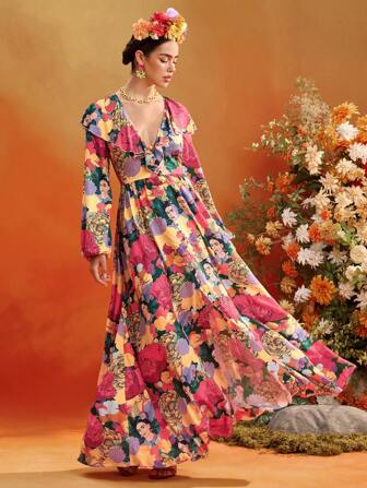 Frida Kahlo X SHEIN X Designer Redefinition 花卉图案 V 领荷叶边泡泡袖长袖纽扣 A 字形飘逸长裙夏季度假