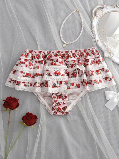 Multilayer Cake Hem, Rose Floral Print, Floral Lace Patchwork, Ruffle Trim, High Waist, Bodycon, Countryside Romantic Style Women Briefs Ruffle Panties Floral Panties Frilly Panties Lace Panties Rose Print Panties Silk Lace Bra  Cozy And Elegant Details