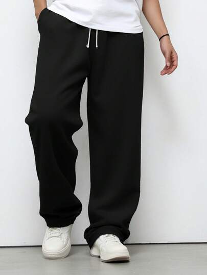 SHEIN 青少年男童休闲运动裤，带口袋，运动街头朋克摇滚风格，适合春夏穿着，黑色宽松运动裤，秋冬季可穿