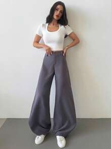Firerie 女士优雅休闲时尚通勤灰色低腰超宽腿裤，海滩，机场风格 - 灰色 - 查看 4