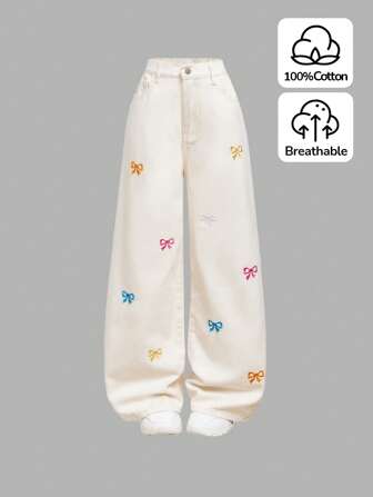 SHEIN Tween Girl Y2K Fashion Solid Washed Bowknot Jeans Embroidered Bow Baggy Denim Straight Leg Jeans, Fall Clothes Back To School Streetwear