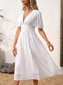 SHEIN Clasi Vestido de longitud media a la pantorrilla con abertura lateral, cinturado, de unicolor, verano para mujer