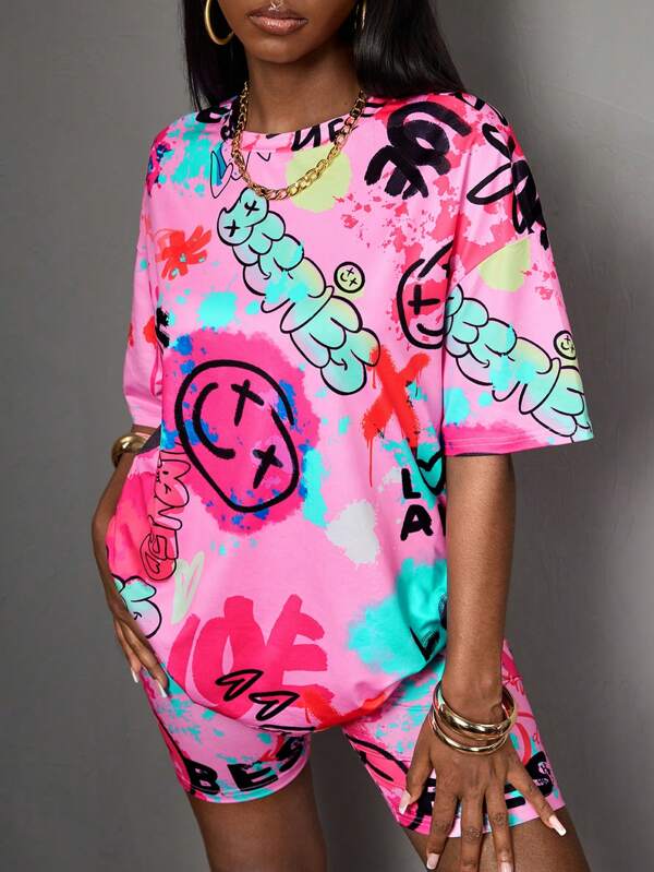SHEIN Set 2 buc. pentru adolescente, fete, fuchsia, tricotat, casual, drăguț, la modă stradală, graffiti, imprimeu mic, mânecă scurtă, tricou și pantaloni scurți lejeri, potrivit pentru vară, modă stradală, festivaluri de muzică, sezonul de întoarcere la școală