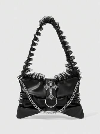Goth Bolso de hombro de estilo punk para mujer decorado con cruces y con ribete de volantes