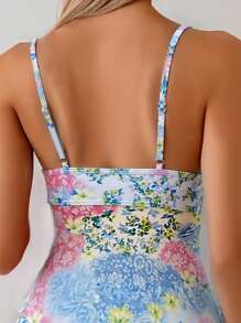 SHEIN Swim 女士度假碎花荷叶边可调节细肩带高腰吊带比基尼上衣