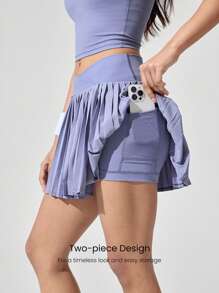 GLOWMODE Let's Play Sweat-Wicking Stretchy Mid-Rise Crossover Waist Pleated Tennis Skirt With Built-In Shorts Side Pockets Tennis Golf Daily - Mauve Mist - View 5