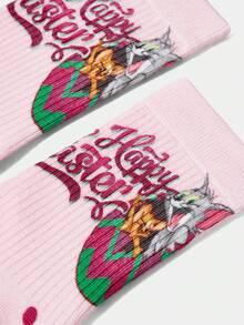 TOM & JERRY X SHEIN 1 Pair Cute Happy Easter Polka Dot Pattern Crew Socks - Pink - View 1