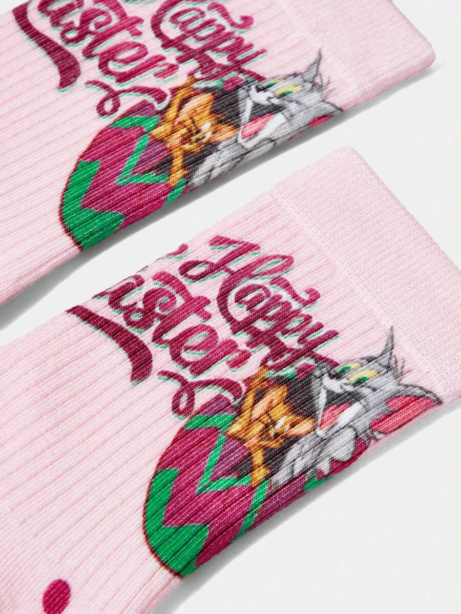 TOM & JERRY X SHEIN 1 Pair Cute Happy Easter Polka Dot Pattern Crew Socks - Pink - View 1