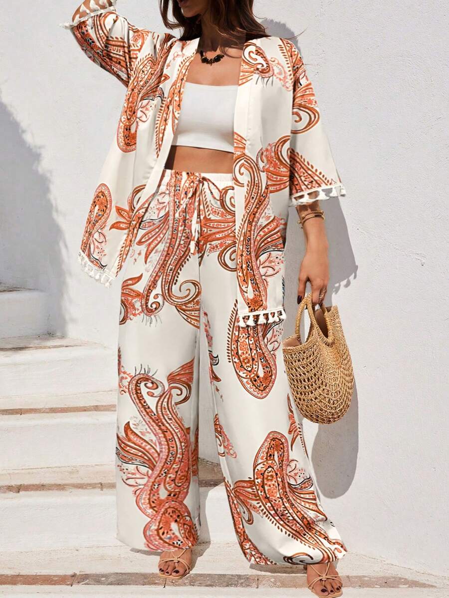 SHEIN Tall 2pcs/Set Plus Size Women Digital Print Open Front Top And Pants Set - Multicolor - View 1