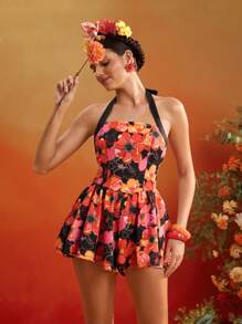 The Perfect Party Frida Kahlo X SHEIN X Designer Macaquinho Curto com Estampa Floral, Alça Halter e Amarração no Pescoço, Para Mulheres, Férias de Verão, Praia - Multicolorido - Visão 6