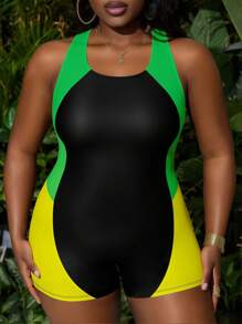 Slaydiva Plus Size Women's Solid Color Patchwork Fabric Sports Style Backless Monokini One-Piece Swimsuit For Summer Beach Vacation