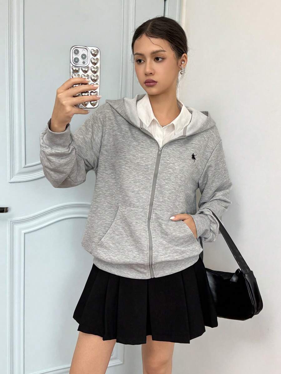 SHEIN Sudadera con capucha casual, cómoda y sencilla con gráfico bordado para adolescentes, versátil, para otoño/invierno - Gris - Ver 1