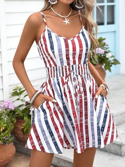 INAWLY Women's Summer Casual Striped Cami Romper Outfit For July 4th, Back To School