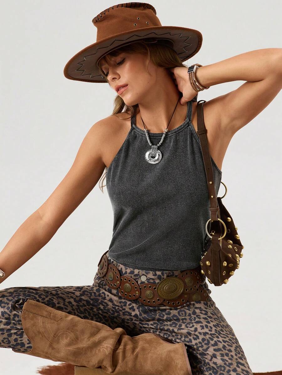 SHEIN LUNE Áo tank top kiểu miền Tây dành cho nữ, cổ chữ U, kiểu vintage rách rưới, không tay, có bèo nhún trang trí bên hông. - màu đen - Xem 1