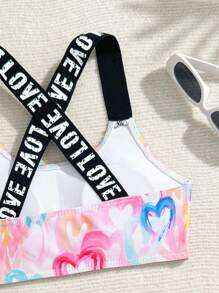 Conjunto de bikini elegante y lindo con estampado de corazón, decorado con cinta y con tirantes ajustables, adecuado para vacaciones, playa, verano para niñas preadolescentes