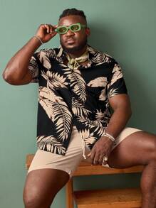 EASEVO Camisa y pantalones cortos de algodón con estampado tropical para hombres de talla grande de vacaciones - Multicolor - Ver 5