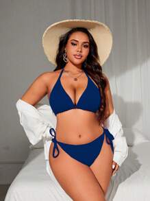 Swim Lushoire Plus Size Women Summer Beach Solid Color Halter Tie Sexy Bikini Swimsuit Set