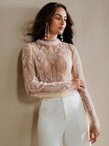 Anewsta 女士新款时尚刺绣串珠鸡尾酒会长袖衬衫 - 杏色 - 查看 7