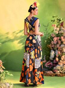 Frida Kahlo X SHEIN X Designer ISELACOS Vestido largo de mujer con estampado completo, dobladillo con volantes, escote cruzado y recortes, atuendo de verano