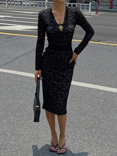 DAZY Elastic Lace V-Neck Long Sleeve Sexy Mid-Length Dress For Women,Fall Dress