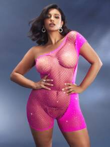 SHEIN Opulent Queen Curve Rhinestone Asymmetric Charming Sexy Sheer Seamless Bodysuit, Plus Size Lingerie, Rose Red