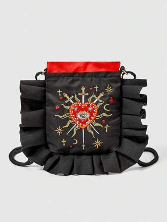 Goth Damen Mode Herz Stickerei Rüschen Schultertasche
