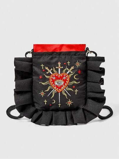 Goth Women's Fashion Heart Embroidery Frill Shoulder Bag