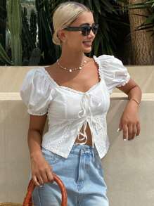 DAZY Women's Square Neck Short Puff Sleeve Tie Front Cropped Casual Blouse, Summer Babydoll Top - White - View 2