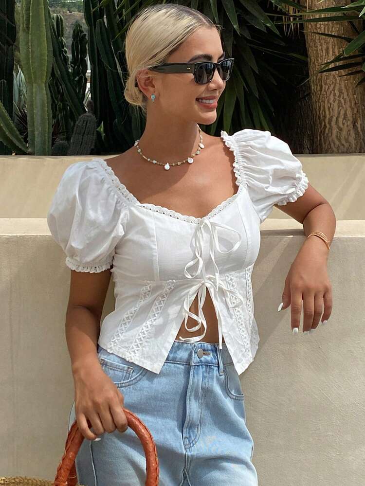 Women's Square Neck Short Puff Sleeve Tie Front Cropped Casual Blouse, Summer Babydoll Top