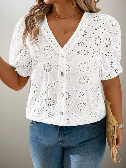 Flouryn Plus Size Women Embroidered V-Neck Puff Sleeve Button Down Shirt