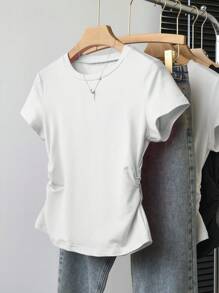 3pcs/Set Teens Girls Casual Versatile Ruched Waist Short Sleeve T-Shirt Plain Tween Shirts For Girls Plain Shirts For Girls Teen Girl Clothes Tops T Shirts - Multicolor - View 3