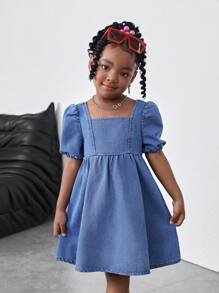 Young Girl Blue Denim Short Dress With Puffed Sleeves And A Square Neck, Spring And Summer Casual Vacation Country Boho Wear Fall Winter - Medium Wash - View 6