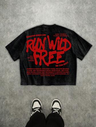 Manfinity Roghcode 여름 남성용 스트리트 풀 프린트 루즈핏 크롭 라운드 넥 티셔츠