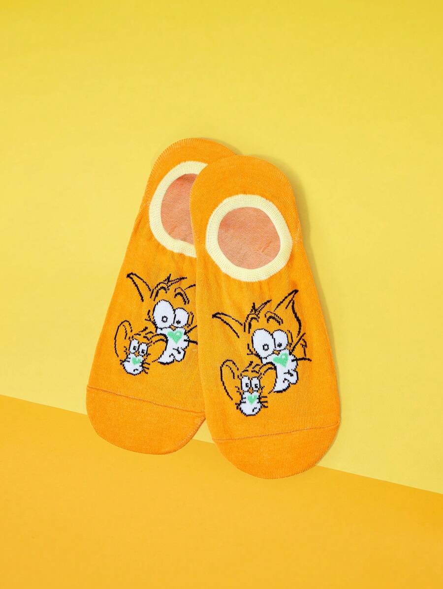 TOM & JERRY X SHEIN 1双女士卡通图案时尚可爱短袜 - 橘色 - 查看 1