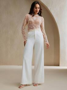 Anewsta 女士新款时尚刺绣串珠鸡尾酒会长袖衬衫 - 杏色 - 查看 4