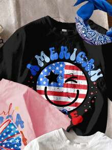 SHEIN Leap Crew 4th Of July, Cute Red & Blue Flag , Bow Graphic, Young Girl Casual Cartoon Pattern Tee Shirt 3pcs Set, Summer - Multicolor - View 4