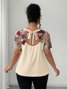 Elenzga Plus Size Shirt With Floral Cutting, Mesh Embroidery, Minimalist Fashion, Suitable For Summer - Apricot - View 4