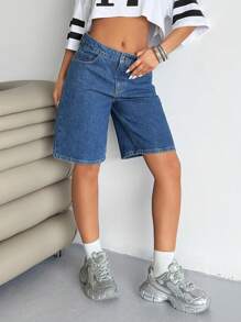 SHEIN Pantalones cortos vaqueros informales de cintura baja con bolsillos sesgados