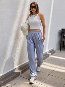 RueChic Damen einfarbige Strick-Hose mit Seitentaschen, vorne gefältelt, lässiger Schnitt, für Alltag, Lässig, Workout, Sommerkleidung