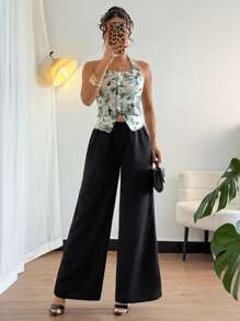 Chiquease Fashion Temperament Halterneck Sleeveless Backless Jacquard Vest Elastic Waist Black Long Wide-Leg Pants Ladies Spring And Summer Two-Piece Set Retro Ladies Casual Suit July 4th