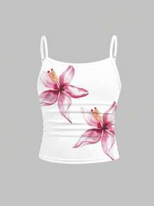 3 件套樱桃兰花扎染热带花卉印花修身吊带背心，青少年女孩休闲运动度假复古椰子女孩波西米亚风夏季