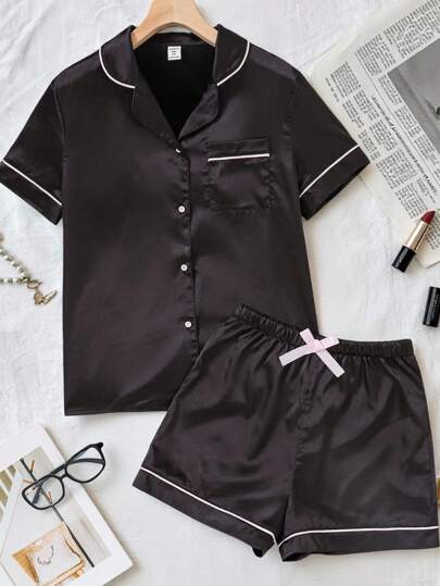 SHEIN Teenage Girls' Color Block Pink Satin Pajama Set With Ruffle Hem, Bow Decorated Shirt And Shorts