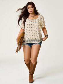 SHEIN LUNE 大码女式度假碎花方领泡泡袖衬衫 - 彩色 - 查看 5